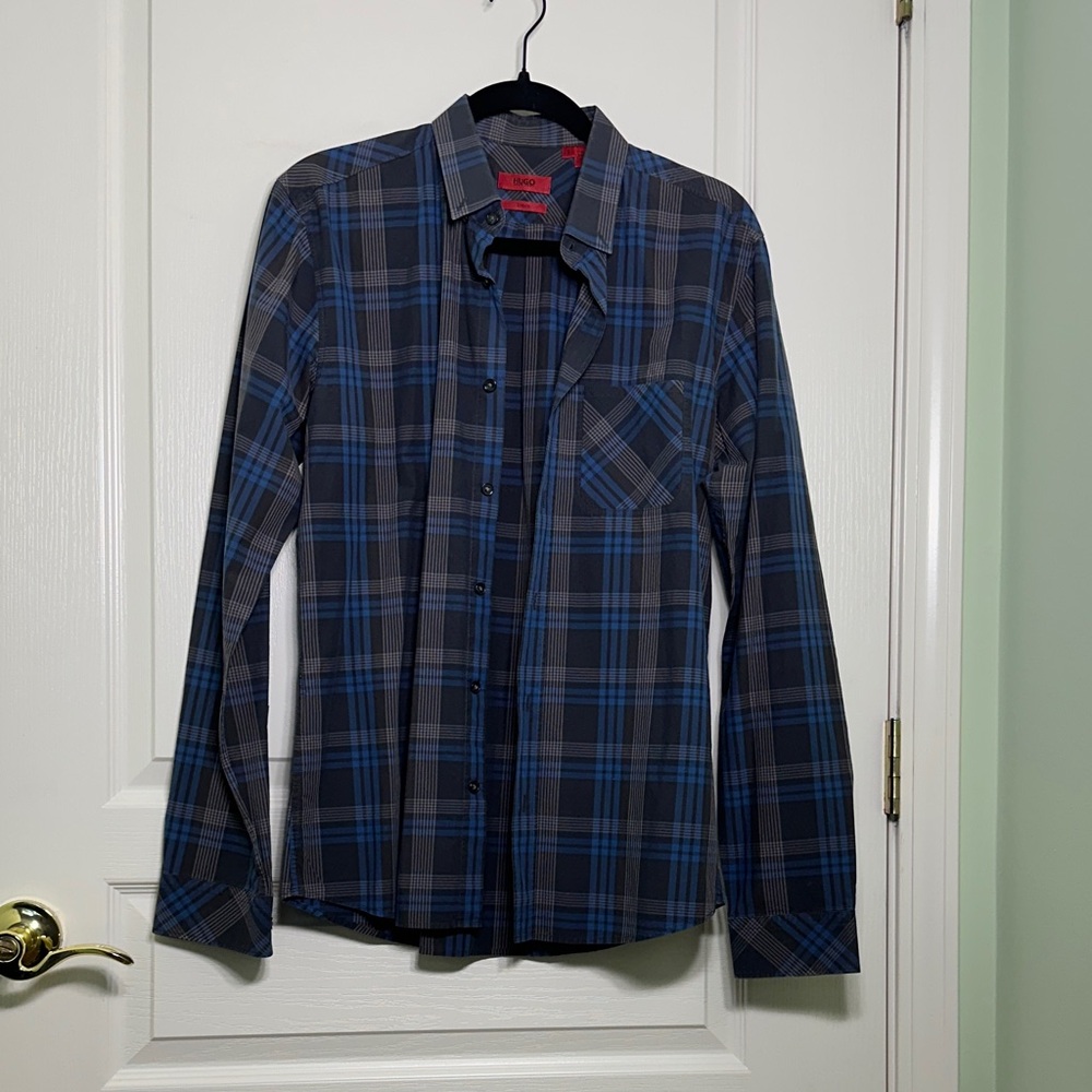 Hugo Boss Blue and Black Checkered Shirt
